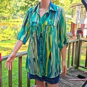 SUNNY Leigh Green Abstract Bling Button Blouse